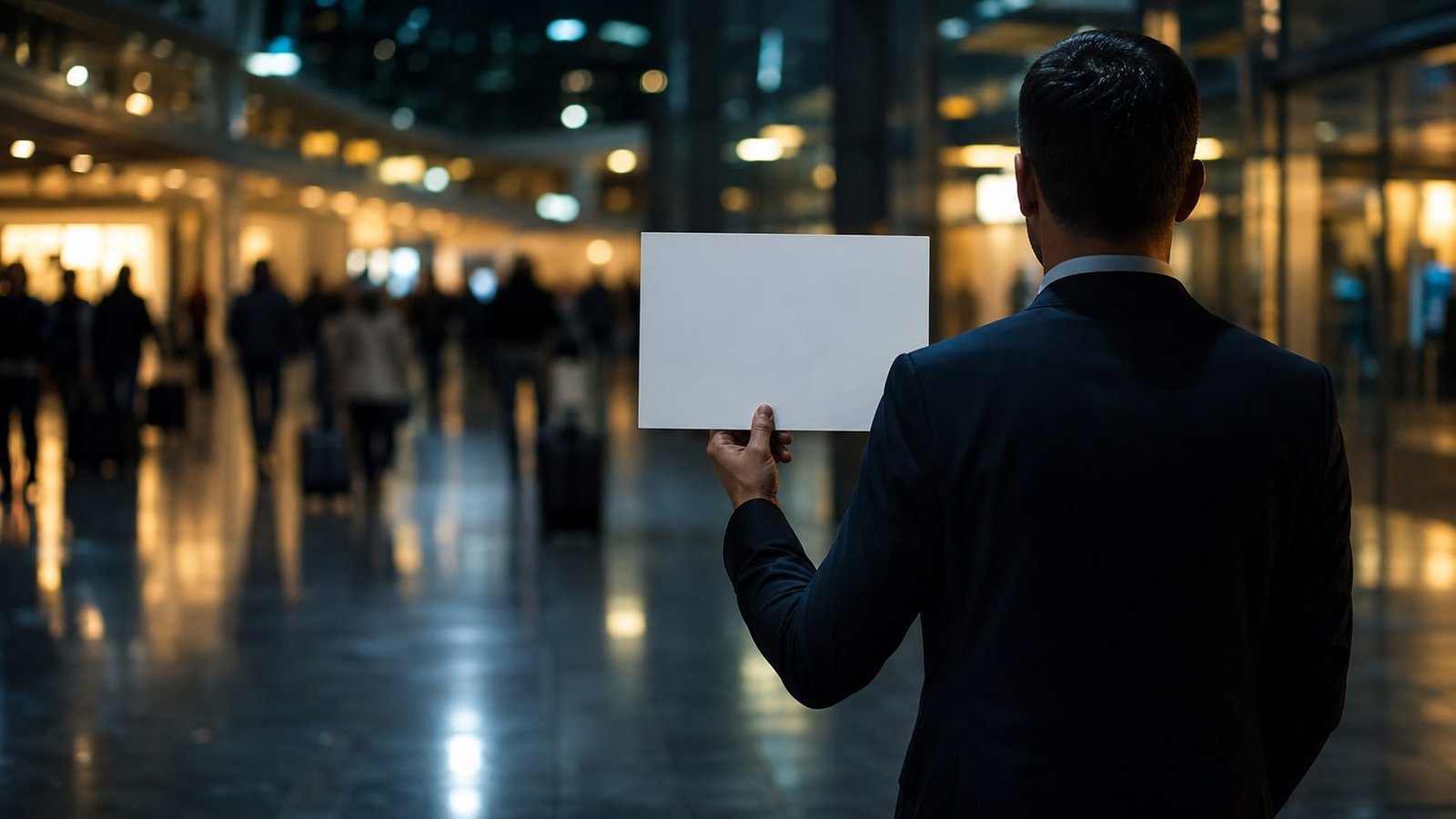 A meet-and-greet driver holding a blank sign in an airport arrivals hall